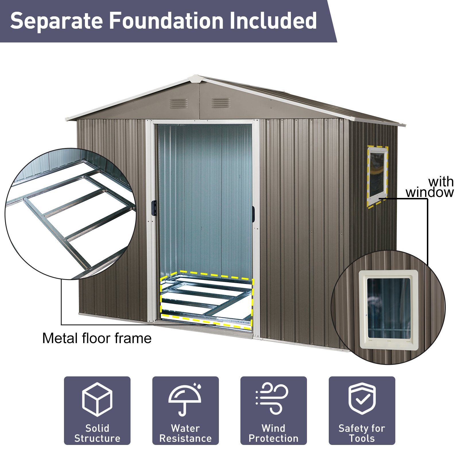 8Ft x 6Ft Outdoor Metal Storage Shed With Window (W540S00016) - Gray - Image 9