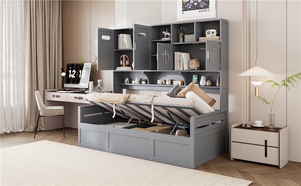 Twin Size Wooden Daybed With Hydraulic Bed And All In One Cabinet And Shelf - Gray - Image 15