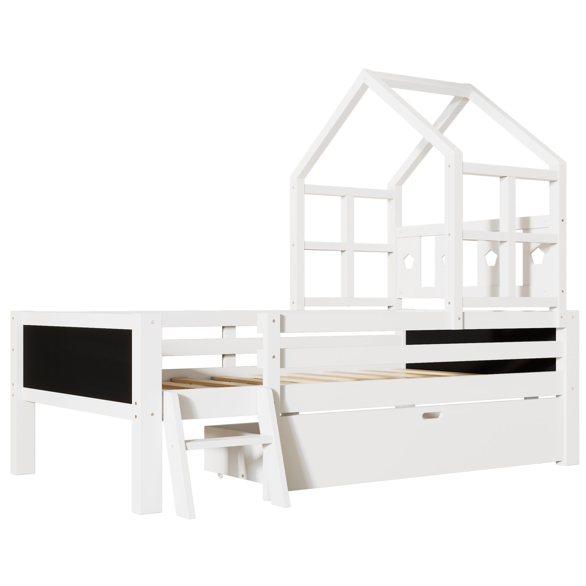 Twin Size House Bed With Ladder, Storage Drawers, And Blackboard Design - White - Image 15