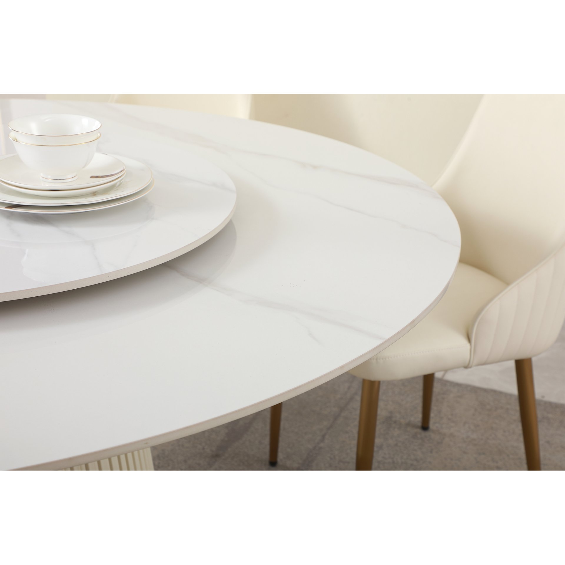 Modern Sintered Stone Dining Table With Round Turntable, Wood And Metal Pedestal, 8 Chairs - White - Image 7