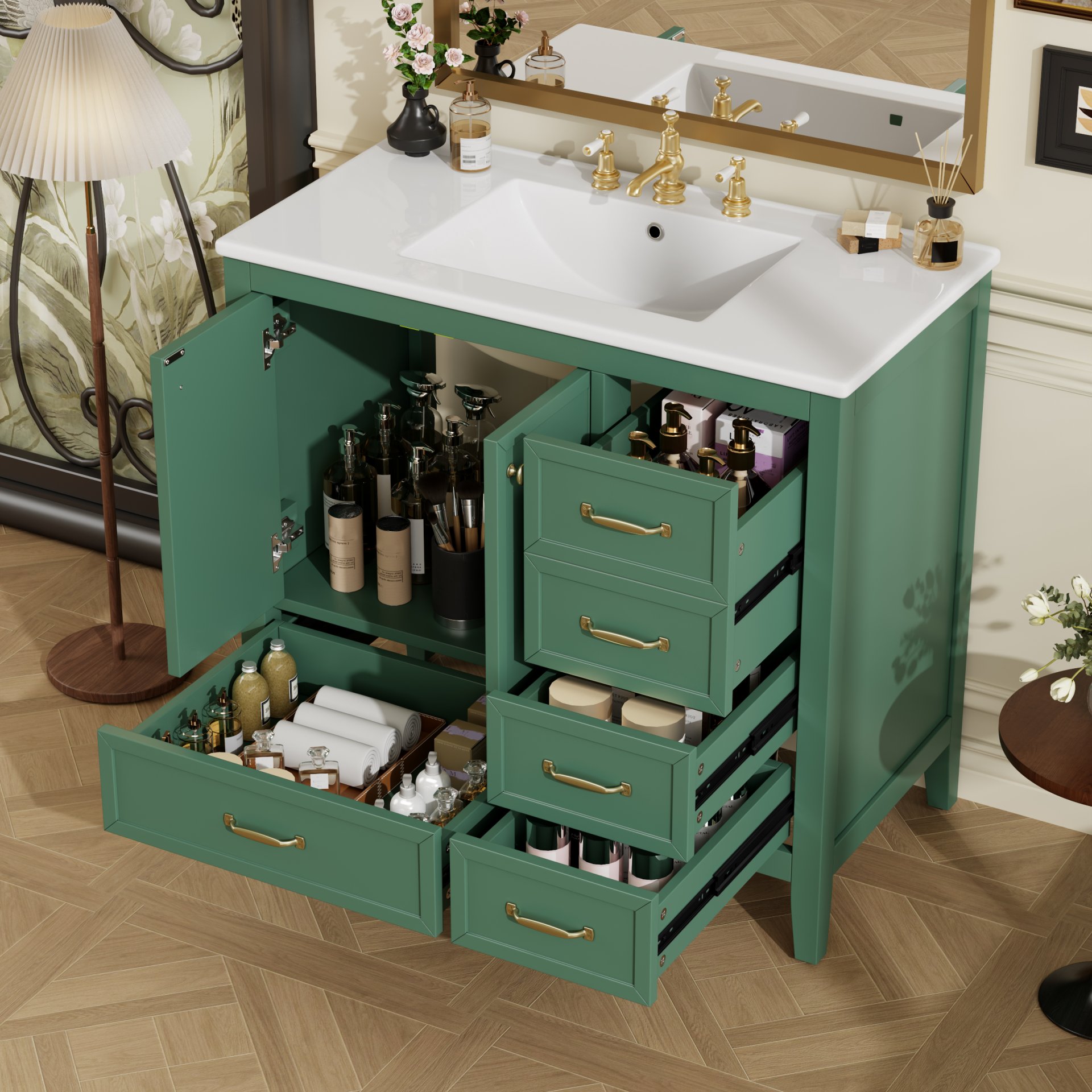 Elegant Vintage 36" Bathroom Vanity With Sink And Soft Closing Door, 4 Drawers Of Different Sizes Frame - Green - Image 2
