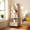 5 Tier Rotating Bookshelf With Wheels And Drawer, 360° Spinning Design, Space Saving Storage, For Home And Office - White - Image 5