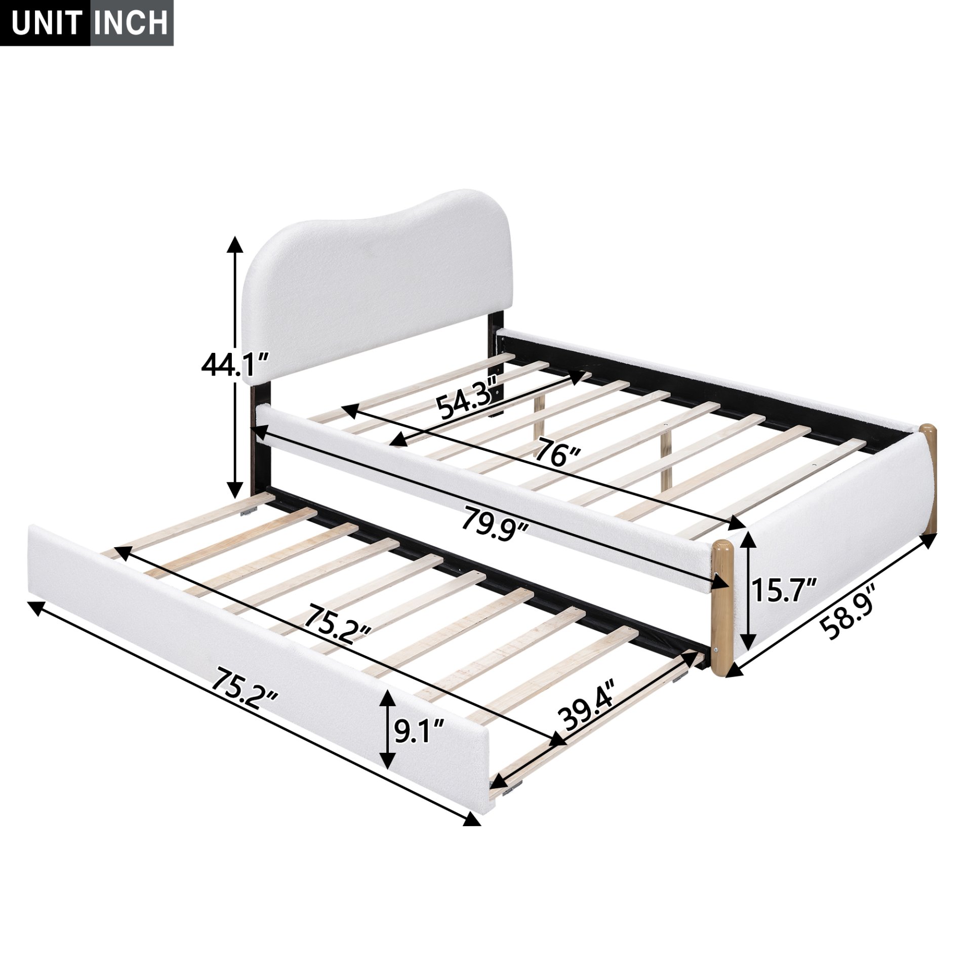 Full Size Upholstered Platform Bed With Wood Supporting Feet And Twin Size Trundle - White - Image 3