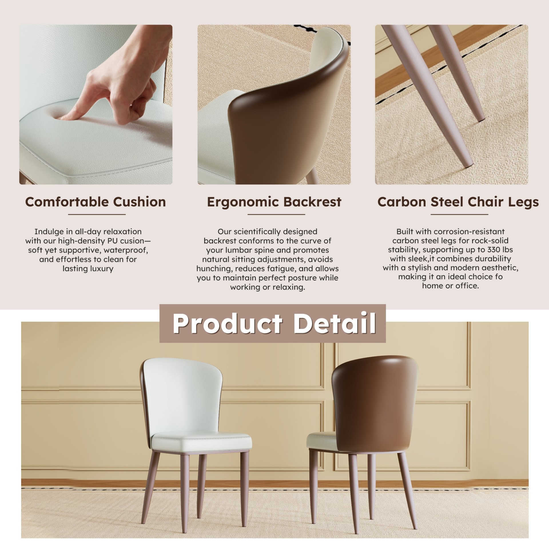 Dining Chair With Carbon Steel Legs, Comfortable Seating, (Set of 2) - White - Image 10