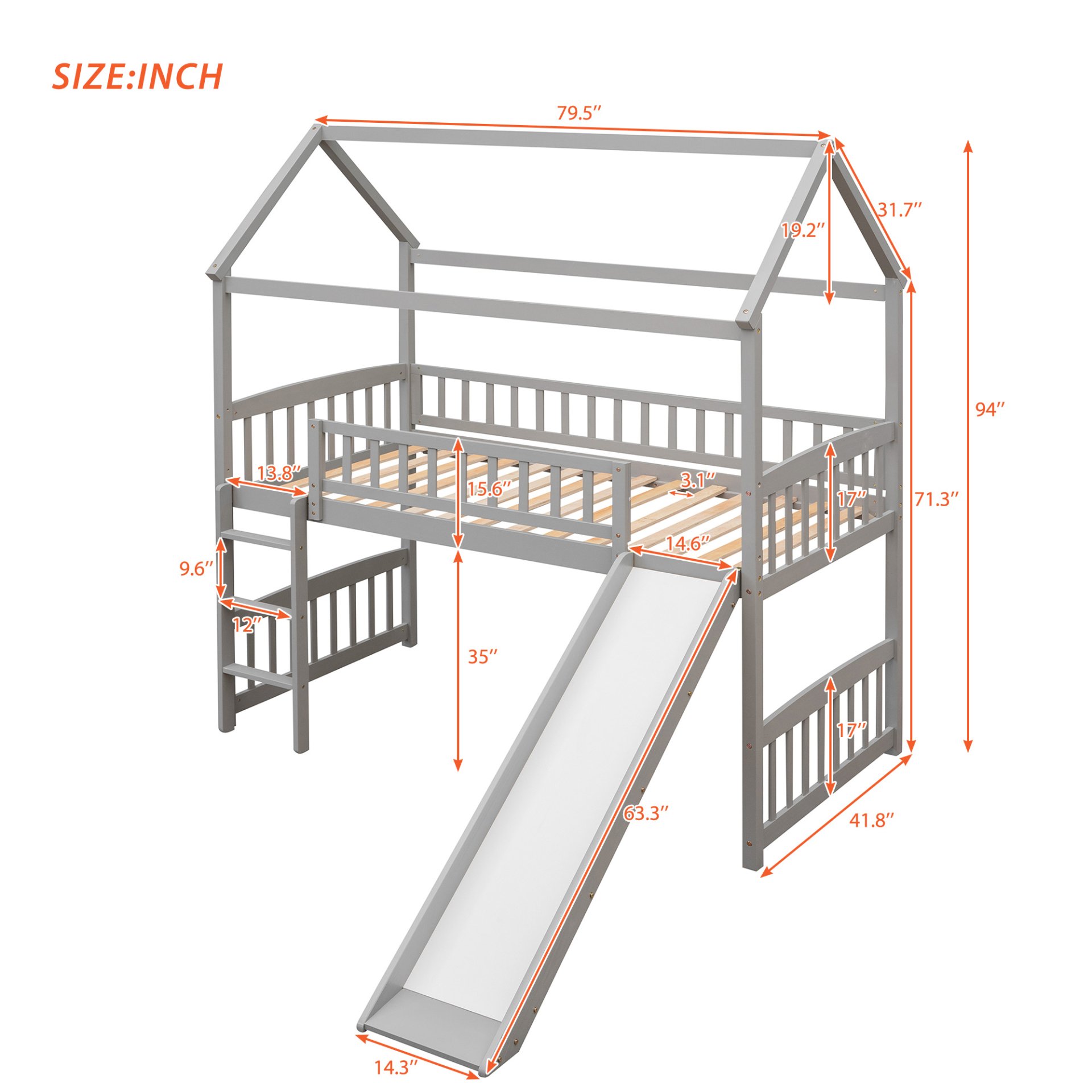 Twin House Loft Bed With Slide - Gray - Image 15