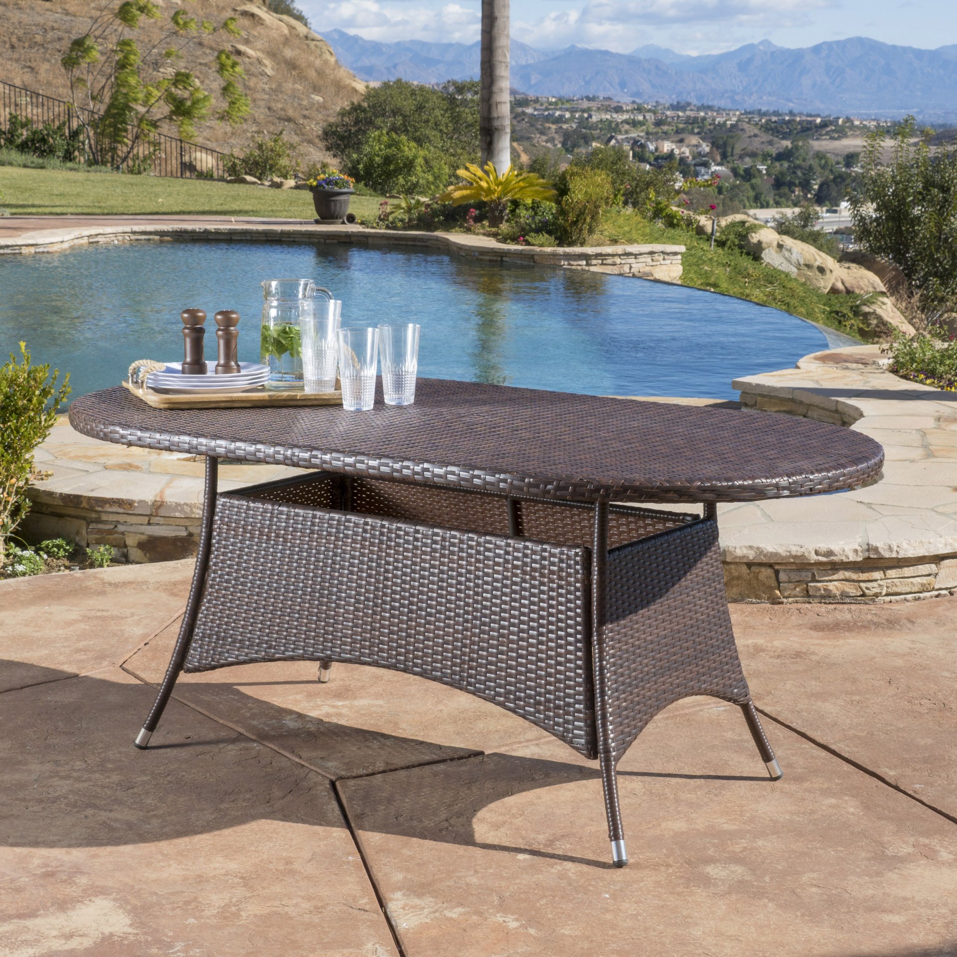 Outdoor Oval Dining Table With Silver Tipped Legs - Brown Multi - Image 5