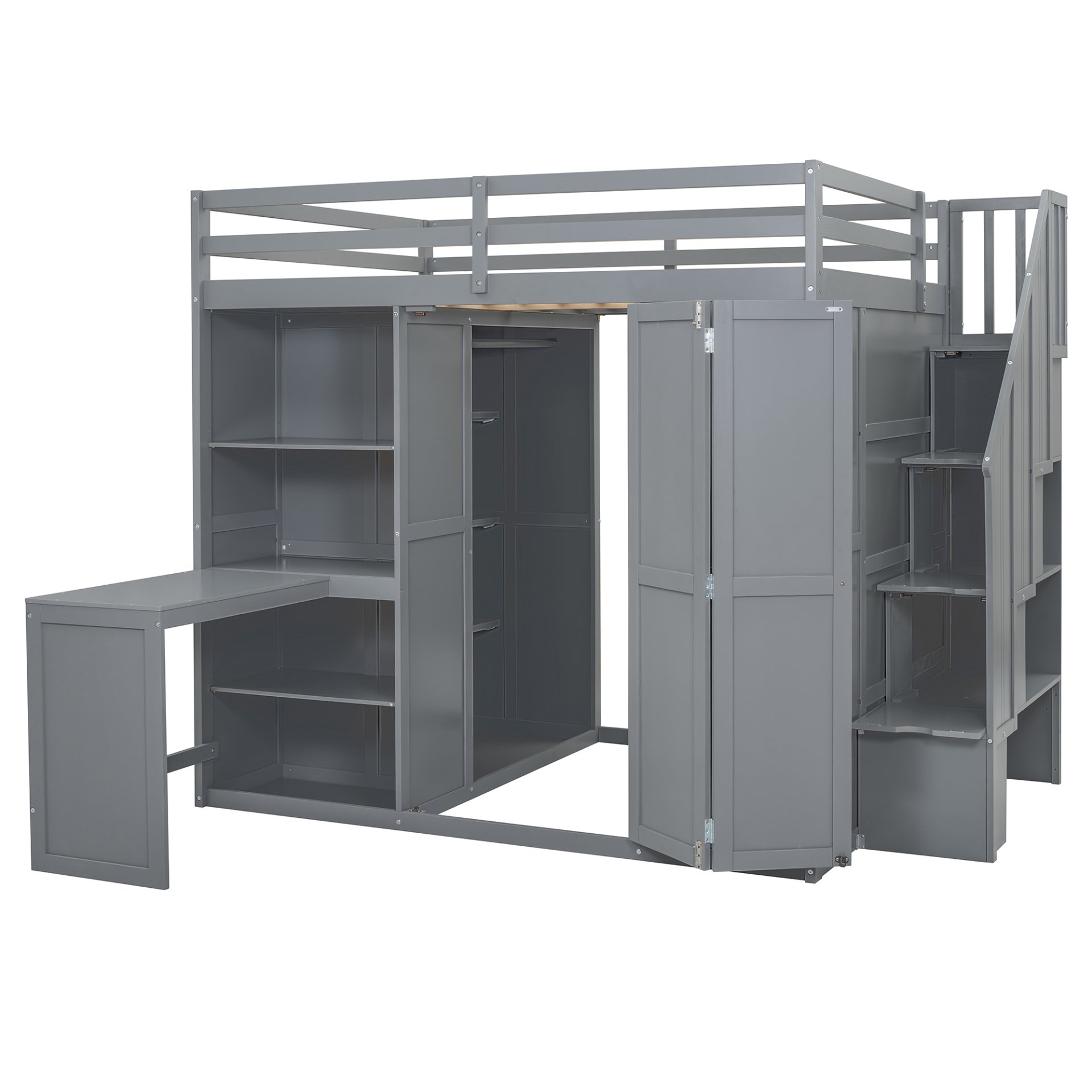 Full Size Loft Bed With Wardrobe, Desk And Shelves - Gray - Image 5