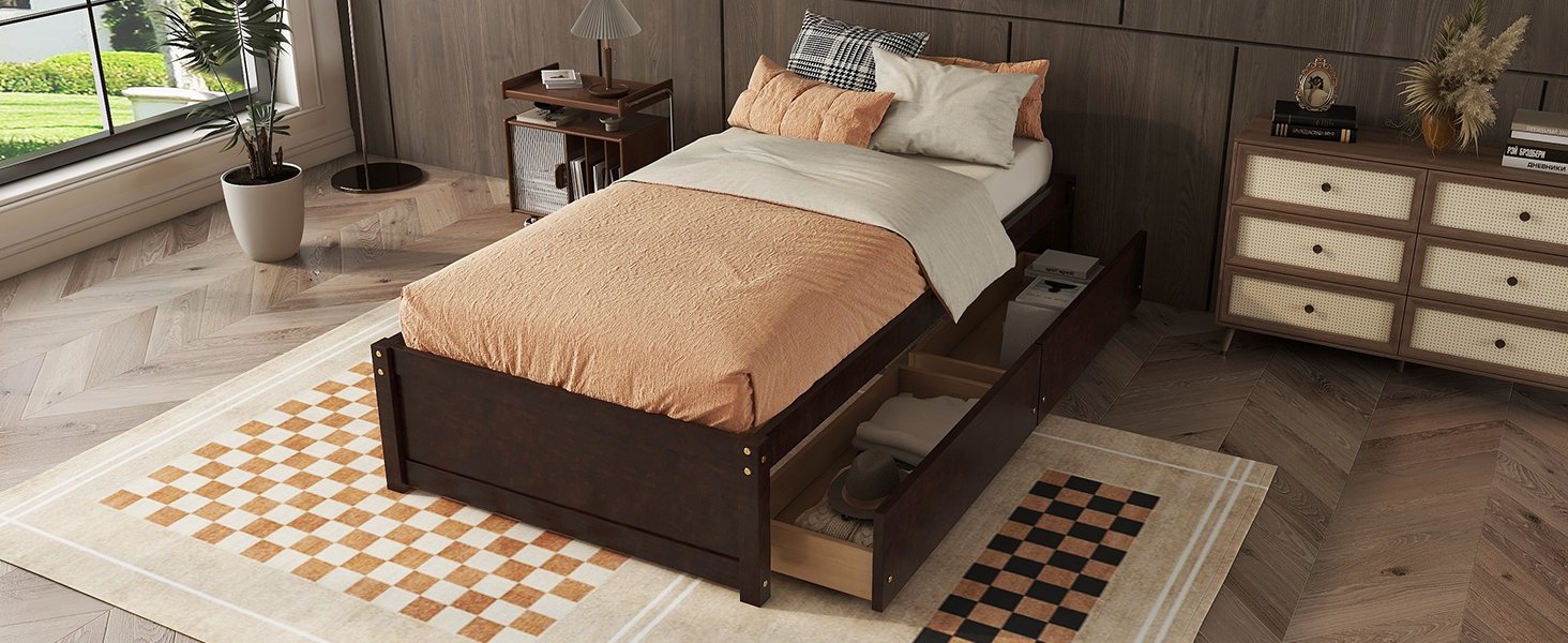 Twin Bed With 2 Drawers, Solid Wood, No Box Spring Needed - Espresso - Image 7