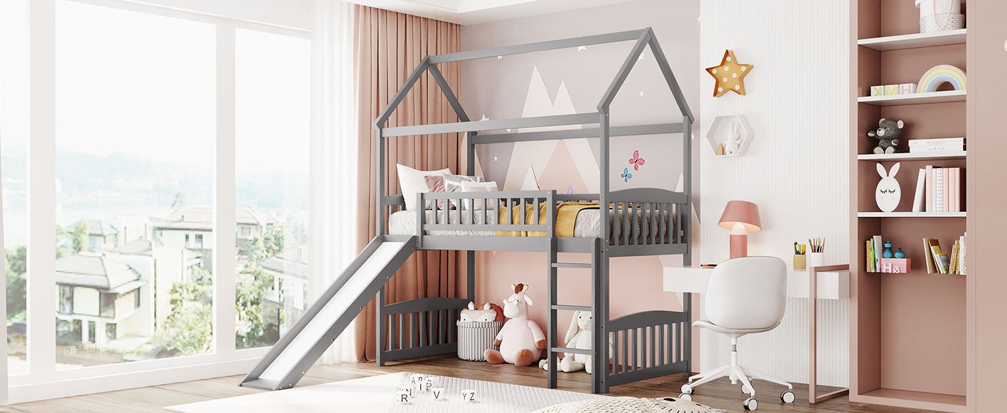 Twin House Loft Bed With Slide - Gray - Image 4