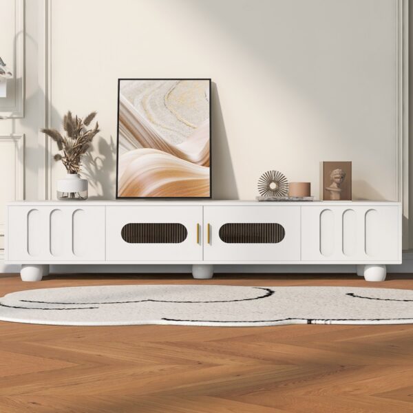 Modern TV Stand For TVs Up To 80", Entertainment Center & Glass Door, 2 Drawers And Cabinets, Wood TV Storage Cabinet With Solid Wood Legs And Metal Handles For Living Room - White