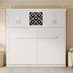 Queen Size Murphy Wall Bed With Top Cabinets & Wine Rack - White