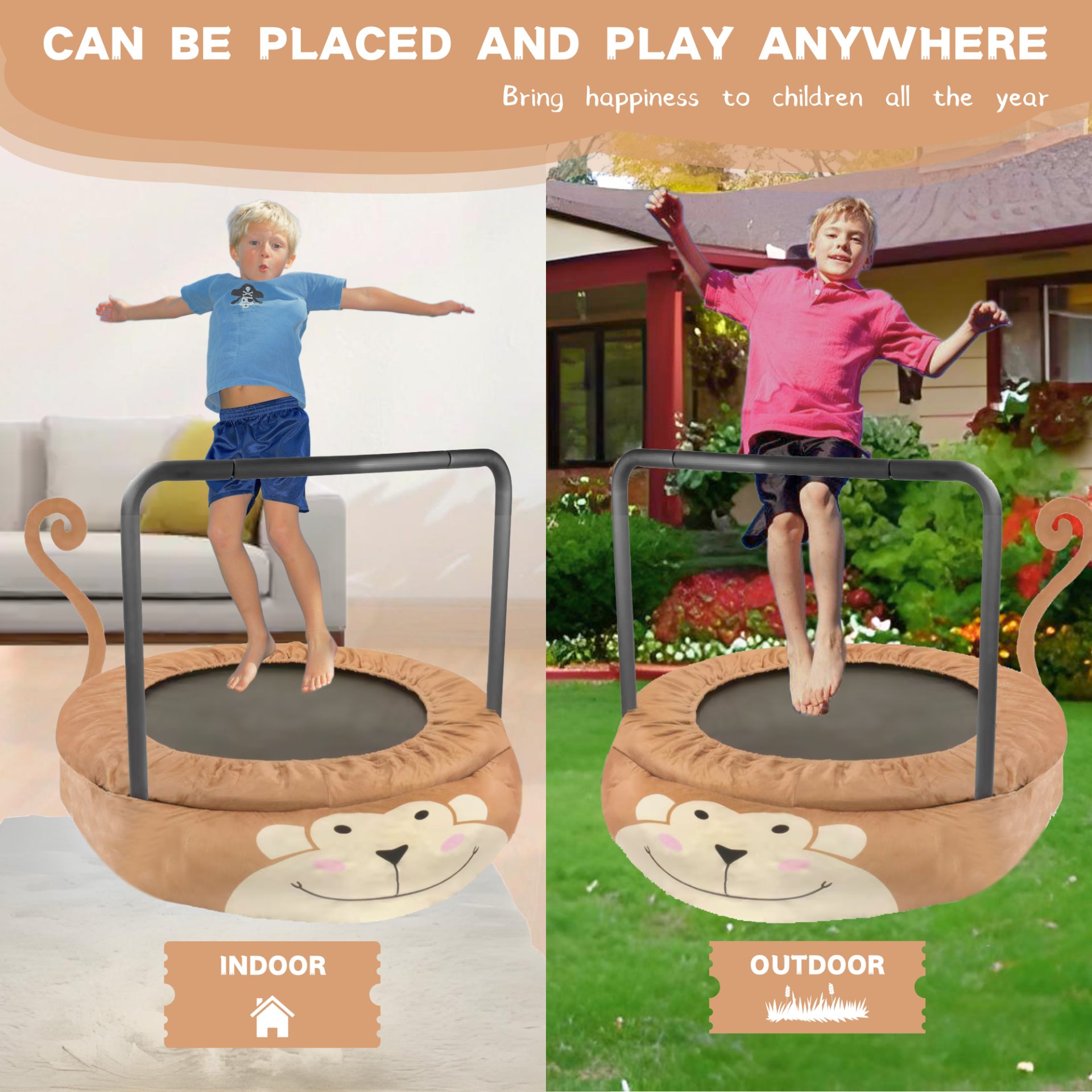 Monkey Children's Trampoline Happy Expression Outdoor / Indoor Dual Use, Foldable Iron Tube - Yellow / Black - Image 5