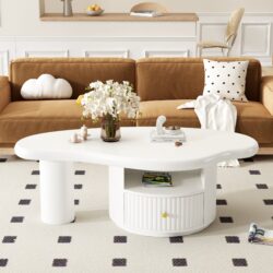 Cloud - Coffee Table, Irregular Shape Coffee Table With 1 Dreawer And Shelf For Living Room - White