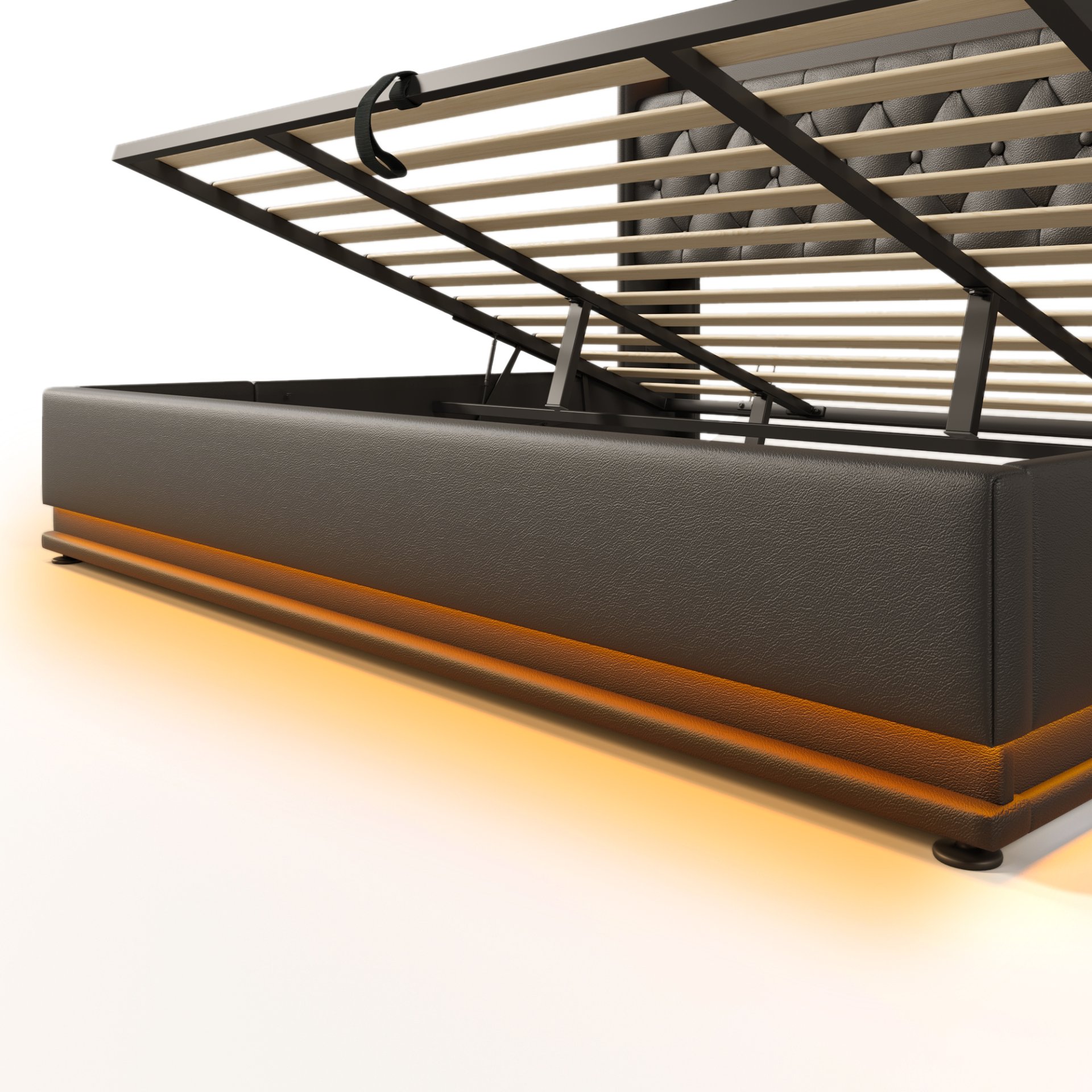 King Size Upholstered Bed, 360 Surround LED Function, Buttons / Apps / Remote Control, Hydraulic Storage Bed With USB Type-C Charging (Without Mattress) - Black - Image 19