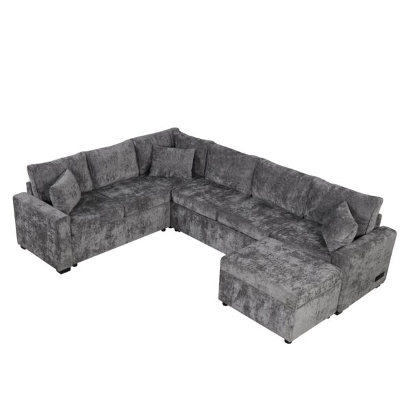 Sectional Sofa Pull-Out Sofa Bed Sleeper With A Storage Ottoman, Three Pillows And Charging Devices For Living Room - Gray