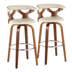 Gardenia - Mid-Century Modern Fixed Height Barstool With Swivel With Round Footrest (Set of 2) - Walnut / Cream