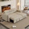 Multi-Functional Pull-Out Sofa Bed L-Shape Sectional Sofa With Adjustable Headrest, Wireless Charging, Cup Holders And Hidden Storage For Living Room - Beige - Image 9