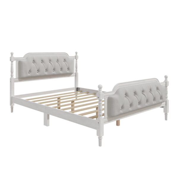 Full Size Traditional Style Solid Bed Frame With Upholstered Tufted Headboard, No Box Spring Needed - Antique White