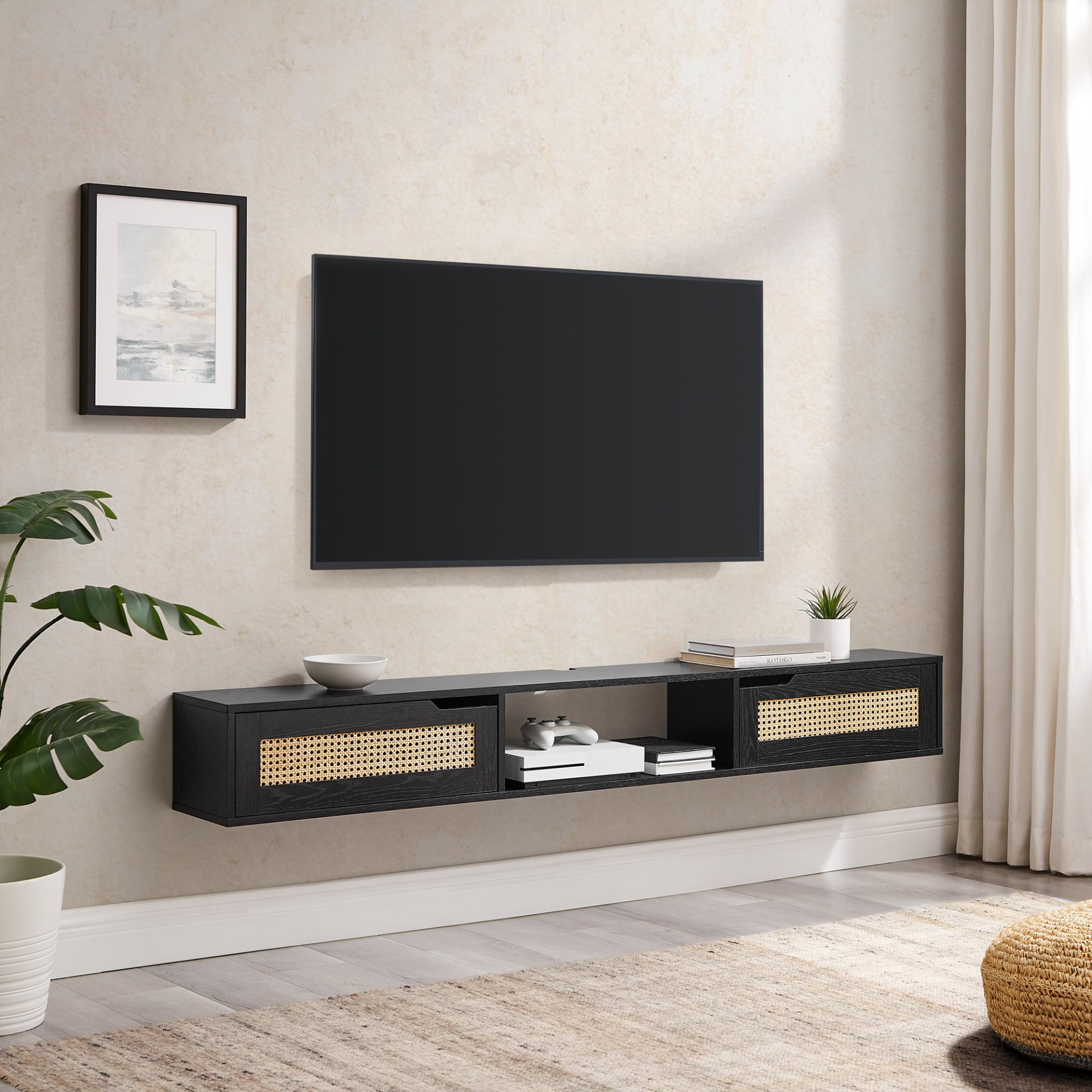 Modern Rattan Door Floating TV Stand For TVs Up To 80" - Black - Image 5