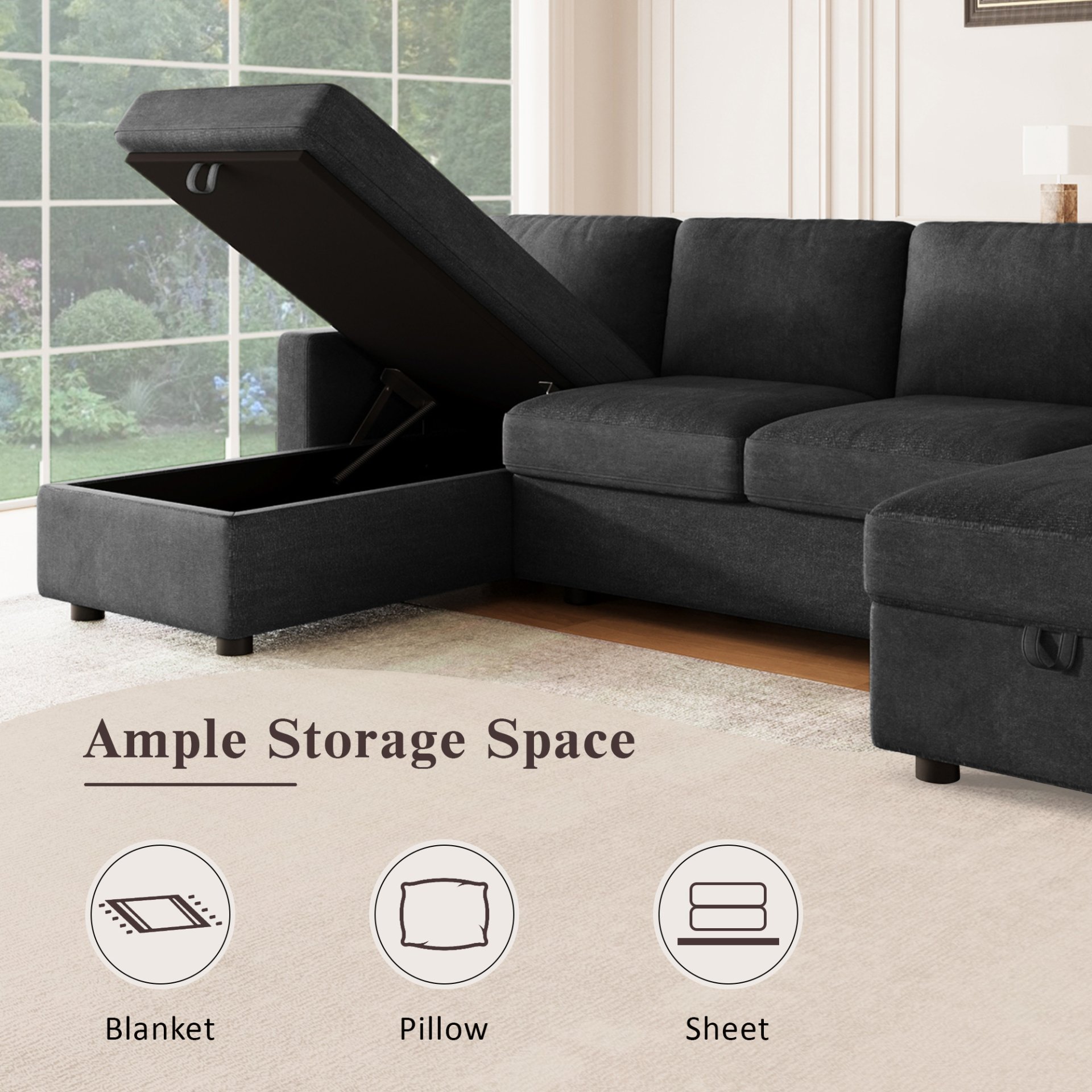 Convertible U Shaped Sectional Sofa With Storage Chaise Lounges And USB Ports - Black - Image 5