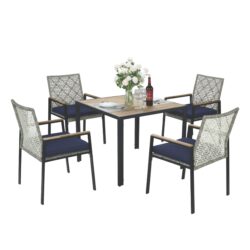 All Weather 5 Piece Patio Dining Table Sets With Acacia Wood Top And Umbrella Hole, Rattan Outdoor - Light Gray