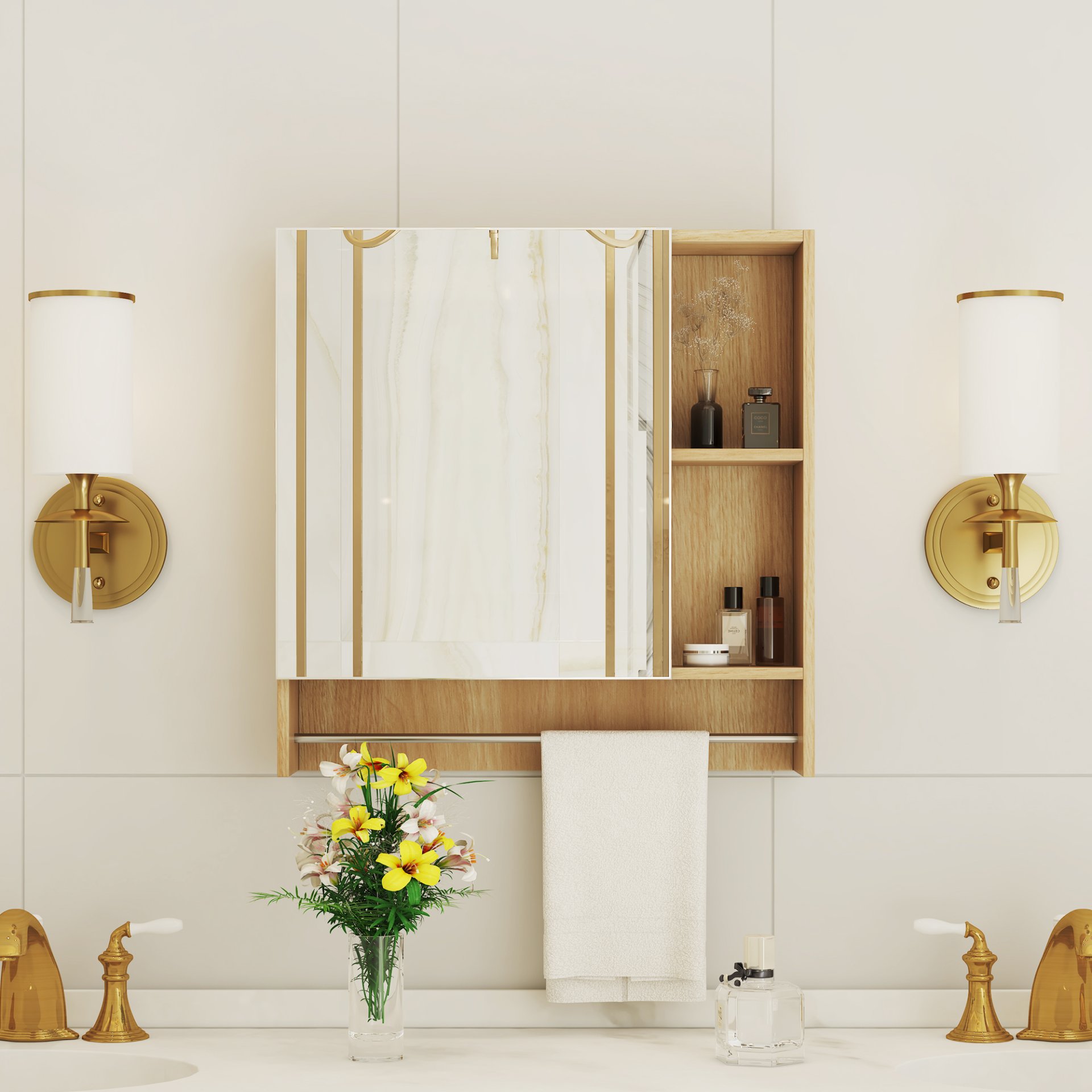 Bathroom Mirror Cabinet Wall Mounted, Medicine Cabinet, Over The Toilet Storage Cabinet With Shelves And Towel Rack - Burly Wood - Image 2