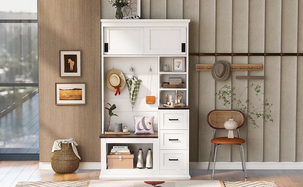 Modern Entryway Bench With Coat Rack, 3 Shelves And Drawers, 3 Sturdy Hooks, Wide Hall Tree With Storage Bench For Hallway - White - Image 4