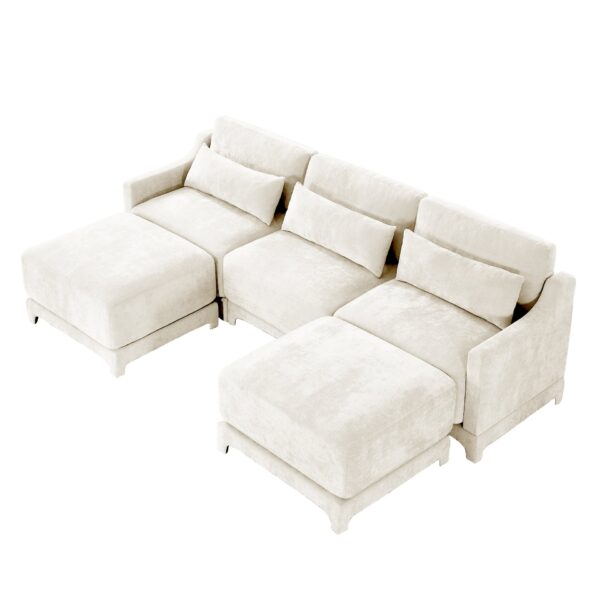 Elegant 3 Seater Sofa With Movable Ottomans And Lumbar Pillow - Beige