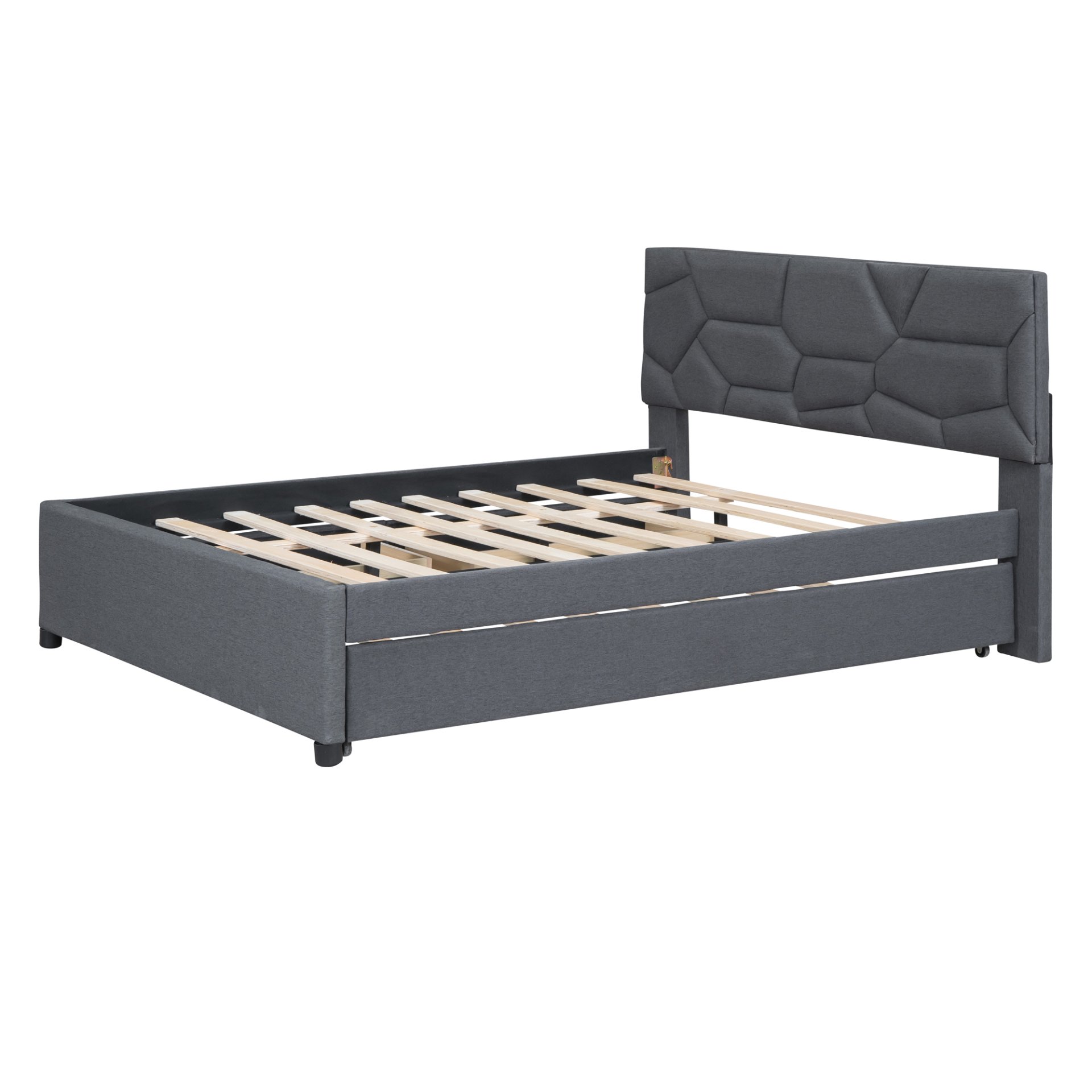 Full Size Upholstered Platform Bed With Brick Pattern Headboard, With Twin Size Trundle And 2 Drawers - Gray - Image 6
