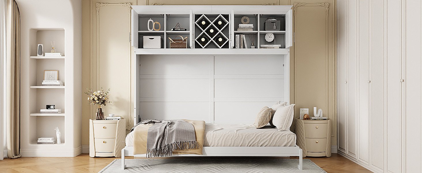 Queen Size Murphy Wall Bed With Top Cabinets & Wine Rack - White - Image 26
