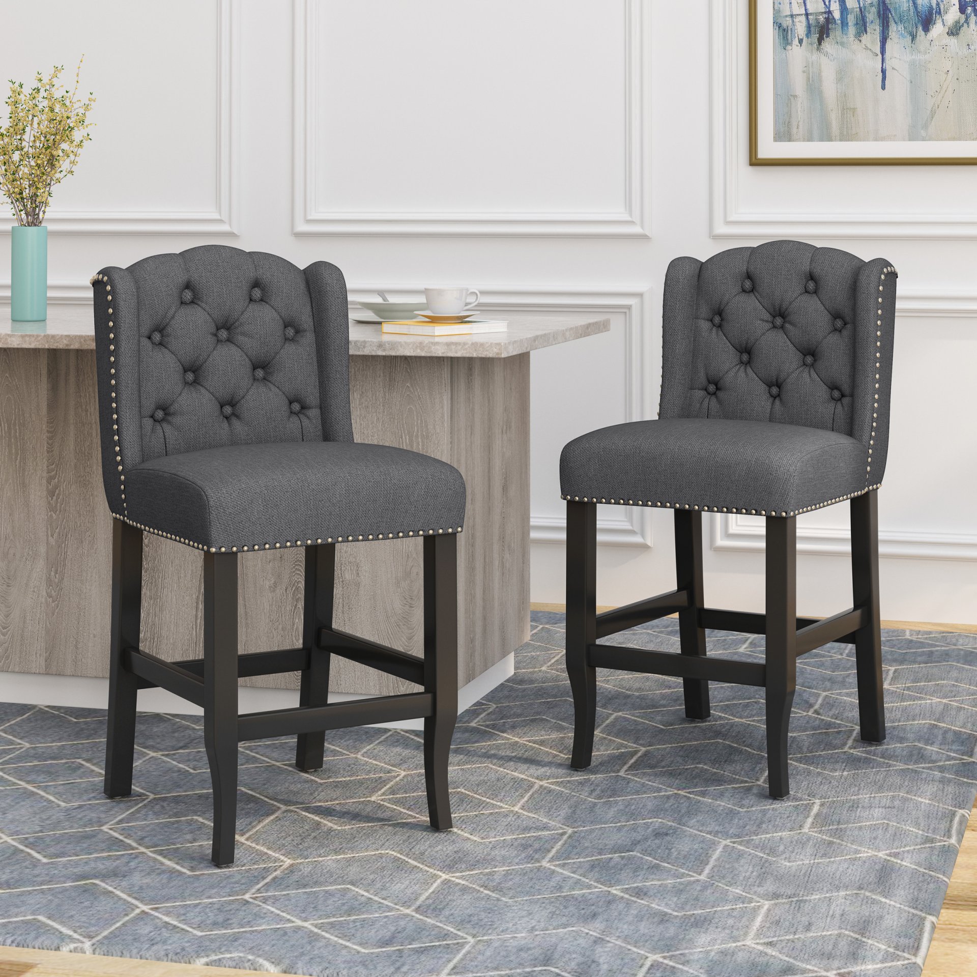 Vienna - Contemporary Fabric Tufted Wingback 27" Counter Stools, (Set of 2) - Charcoal / Dark Brown - Image 4