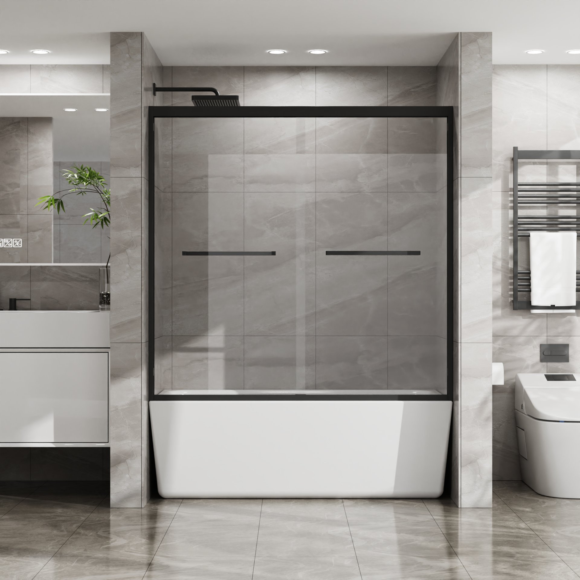 Double Sliding Bathtub Shower Door With Sgcc Clear Tempered Glass - Matte Black - Image 2