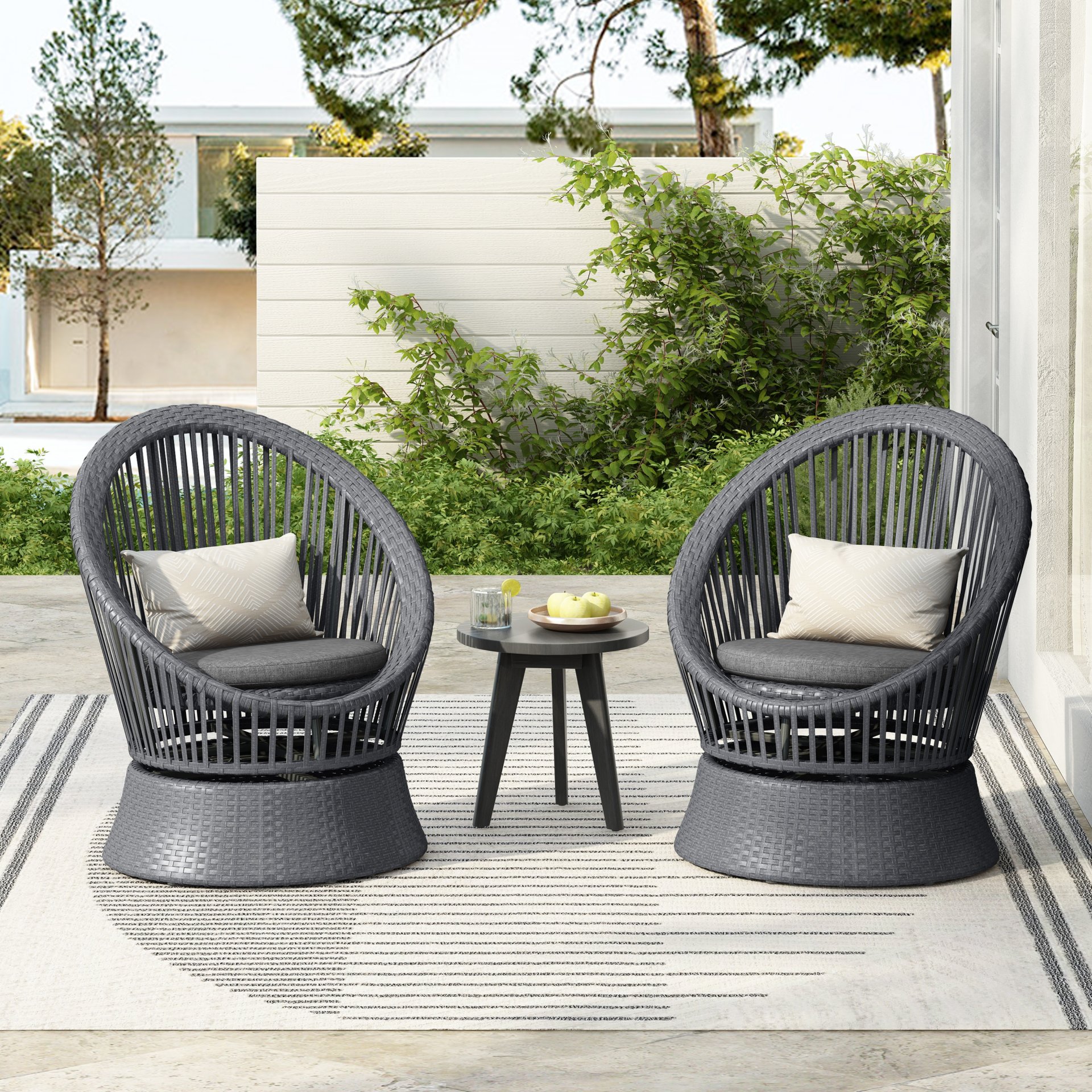Modern Swivel Wicker Lounge Chair Set With Rattan And Iron Frame, Round Design - Gray - Image 14