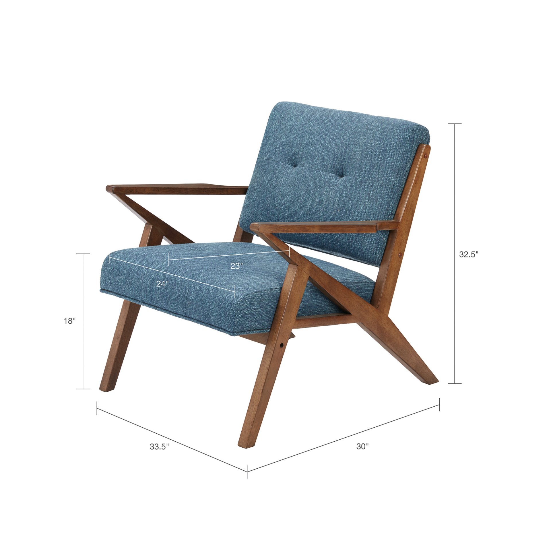Lounge Chair With Tufted Upholstery And Solid Wood Frame - Blue / Pecan - Image 3