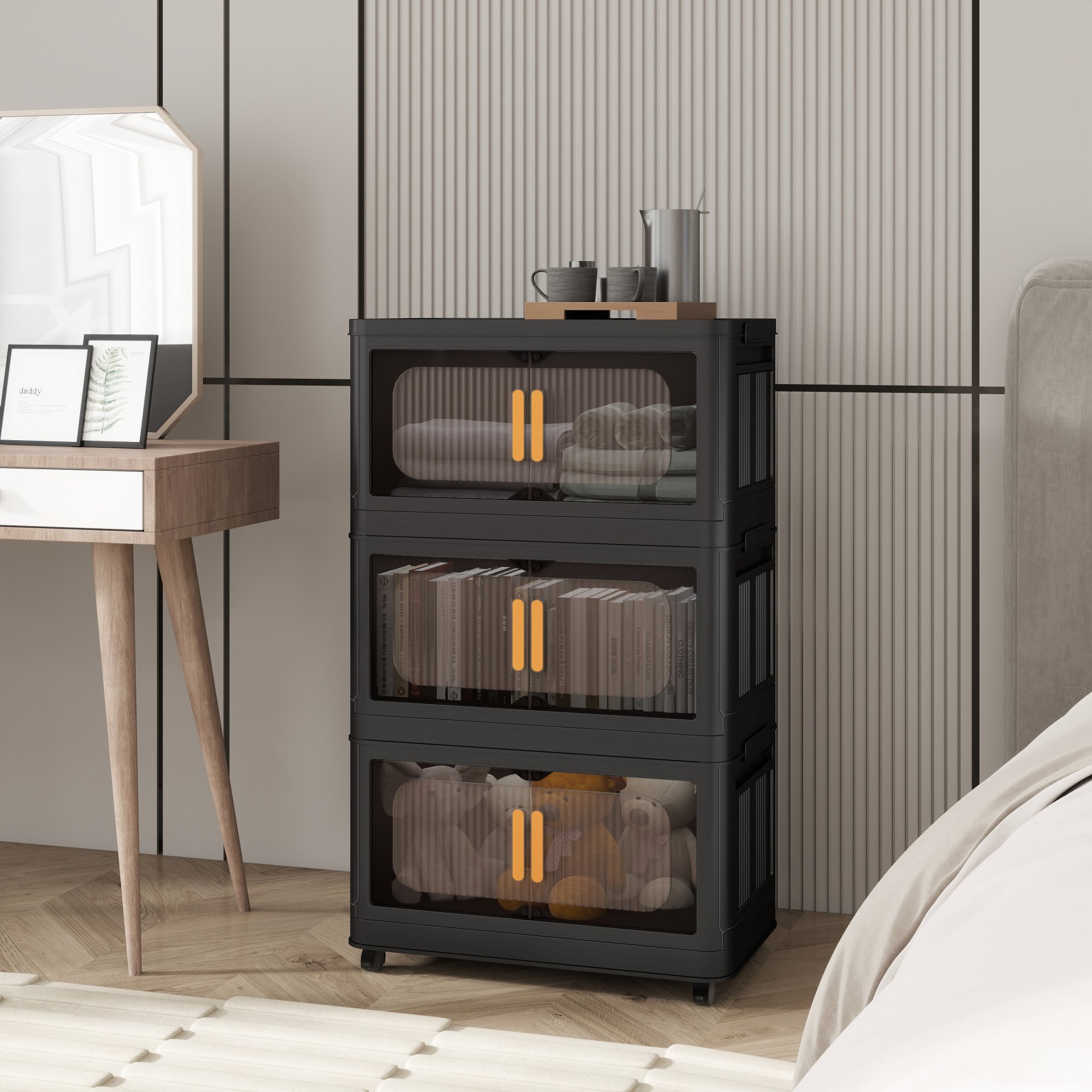 Folding Storage Cabinet 5 Tier Wide Plastic With Magnetic Doors And Wheels - Black - Image 11