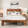 King Size Wood Platform Bed Frame With LED Storage Headboard And USB Ports - Dark Brown - Image 5