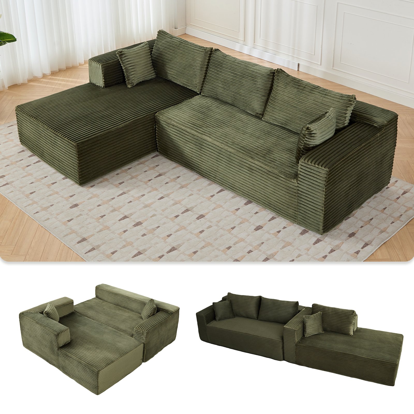 Compression Sectional Couch With Comfy Chaise, Boneless L Shape Sofa With Deep Seat, Minimalist Modular Couches Sleeper - Green - Image 4