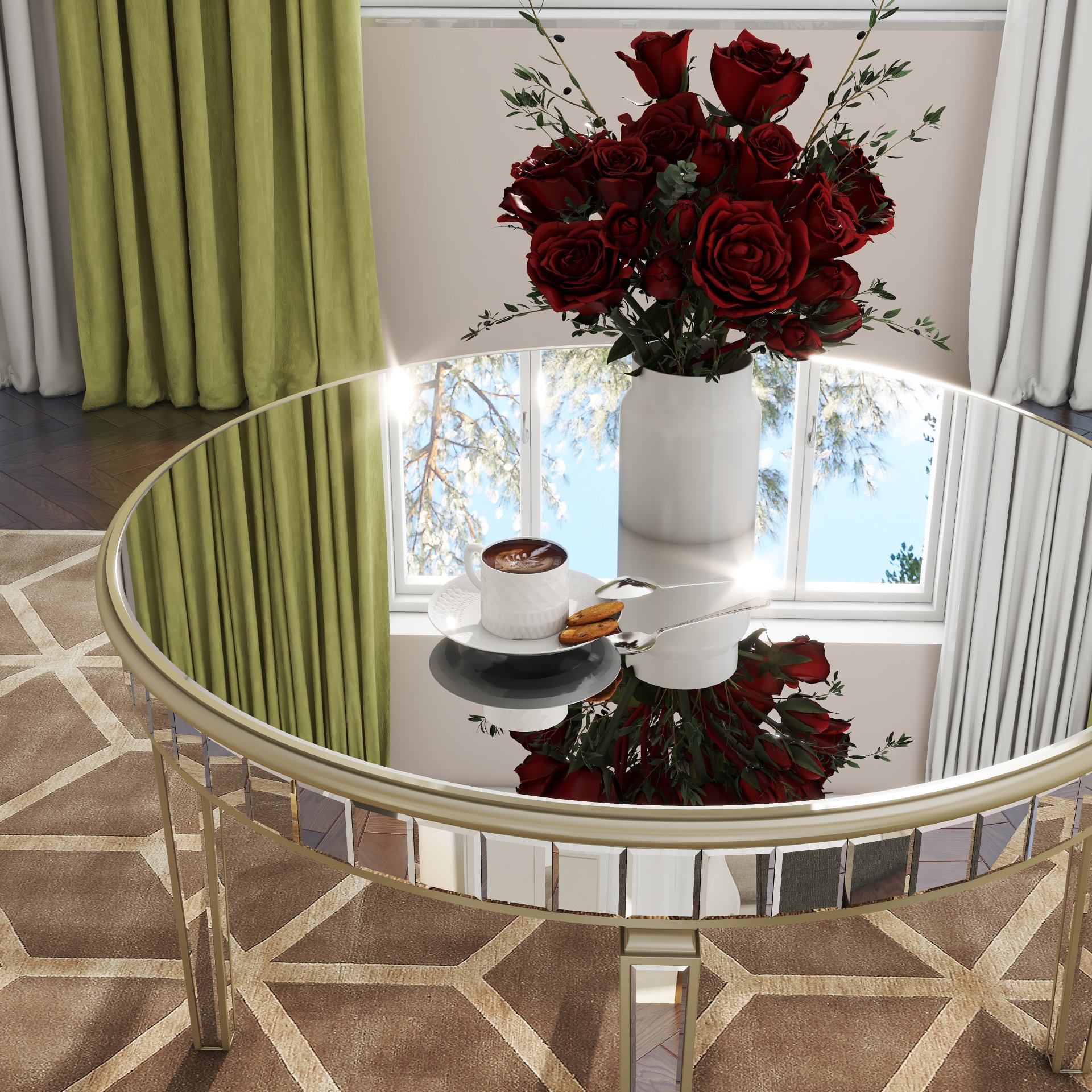 Round Glass Dining Table With Mirror Top - Silver - Image 7