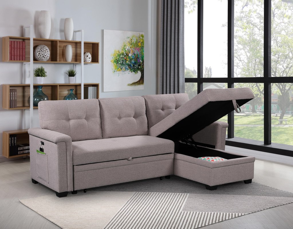 Ashlyn - Reversible Sleeper Sectional Sofa With Storage Chaise, USB Charging Ports And Pocket - Light Gray - Image 4