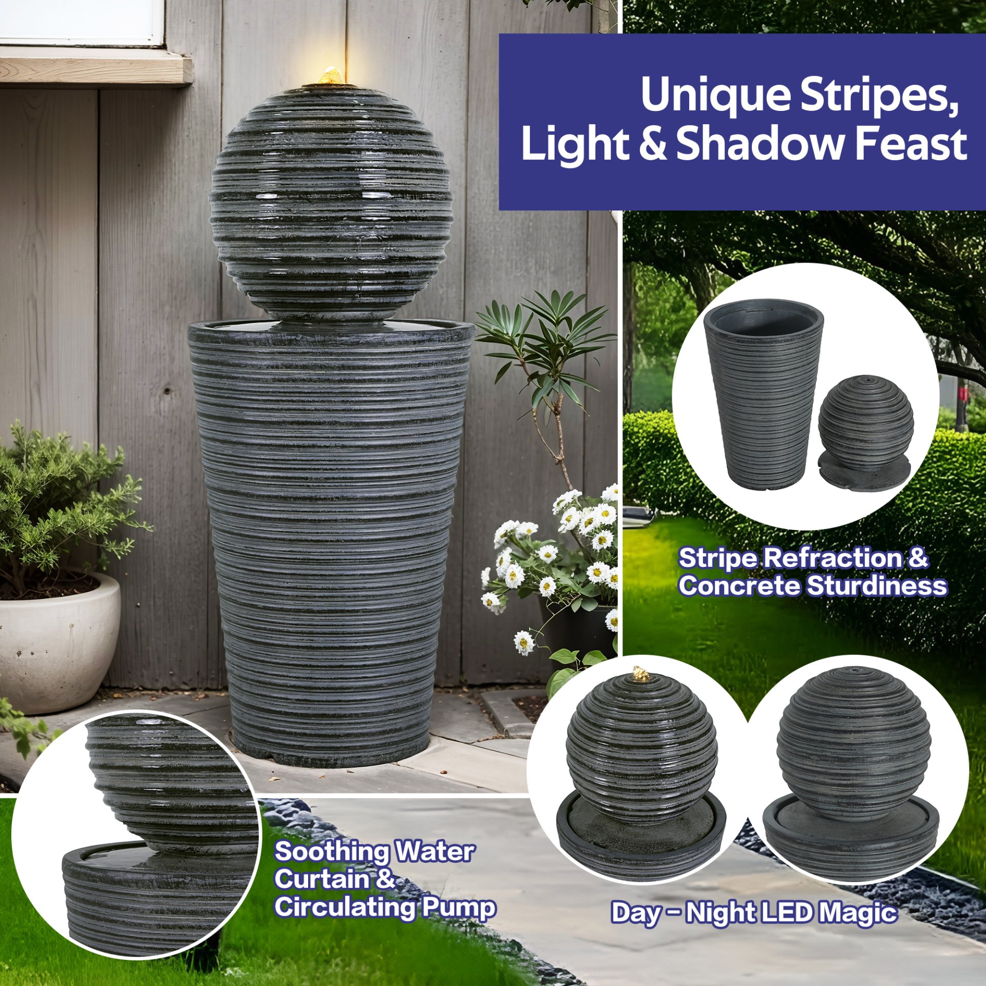 31.5" Tall Striped Column Fountain With LED Light Design For Outdoor Spaces - Gray - Image 4
