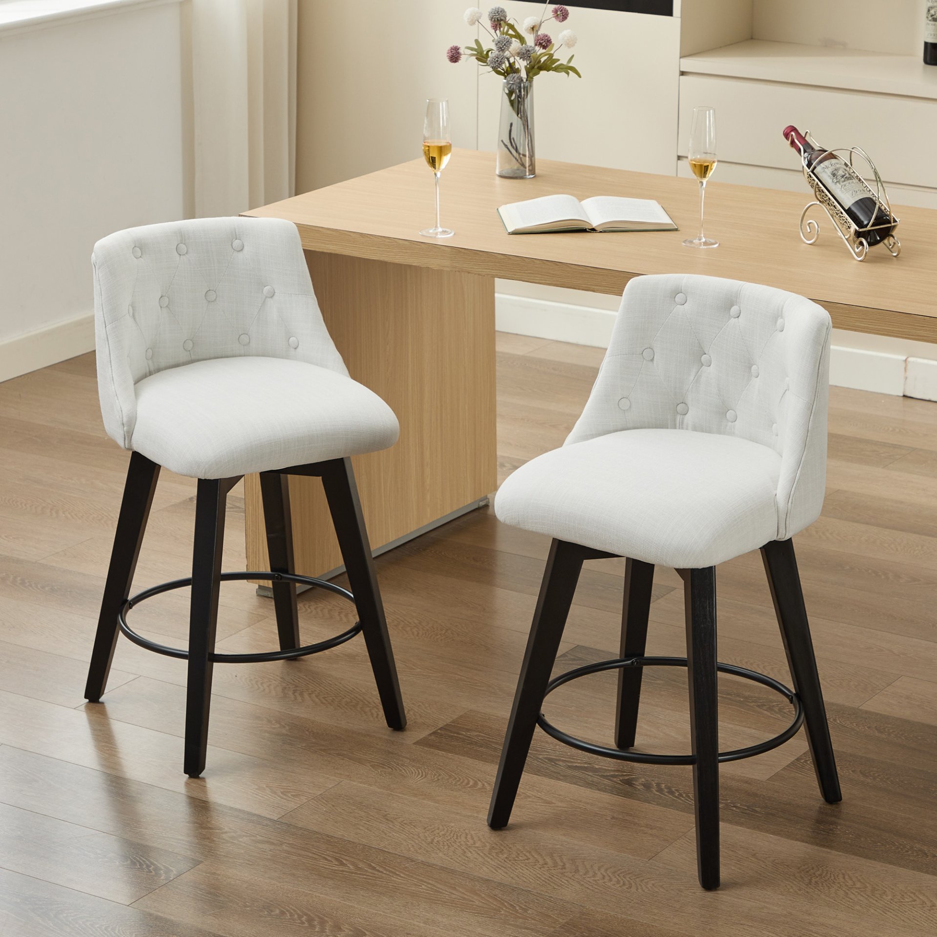 Swivel Bar Stools (Set of 2) Modern Counter Height Stools With Linen Upholstery & Button Tufted Back For Kitchen Island, Breakfast Bar Or Home Pub - White - Image 2