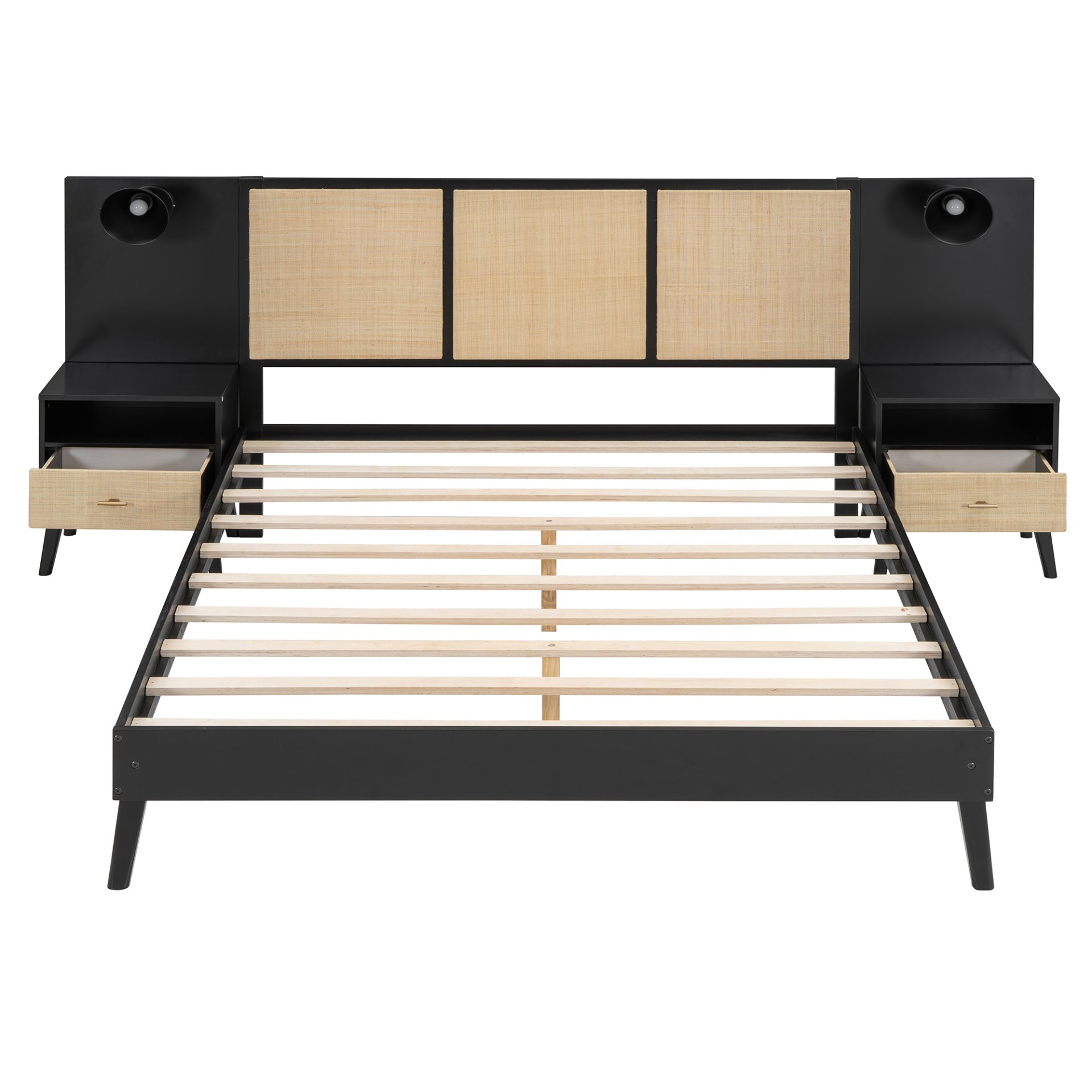 Queen Size Bed Frame With 2 Nightstands Elegant Design With Lamps - Black - Image 5