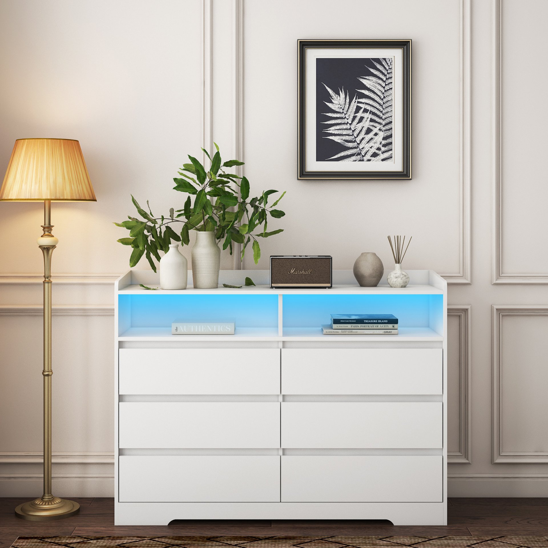 6 Drawer Dresser For Bedroom With LED Lights, Sturdy Frame - White - Image 10