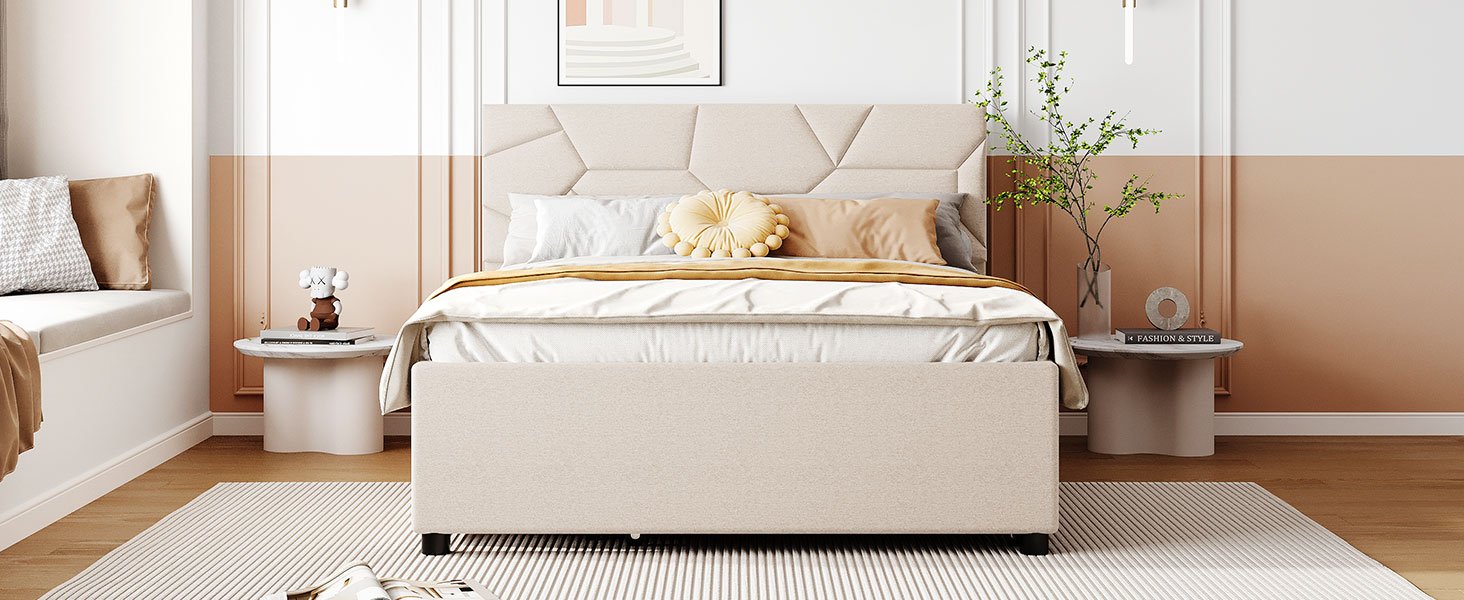 Full Size Upholstered Platform Bed With Brick Pattern Headboard, With Twin Size Trundle And 2 Drawers - Beige - Image 18