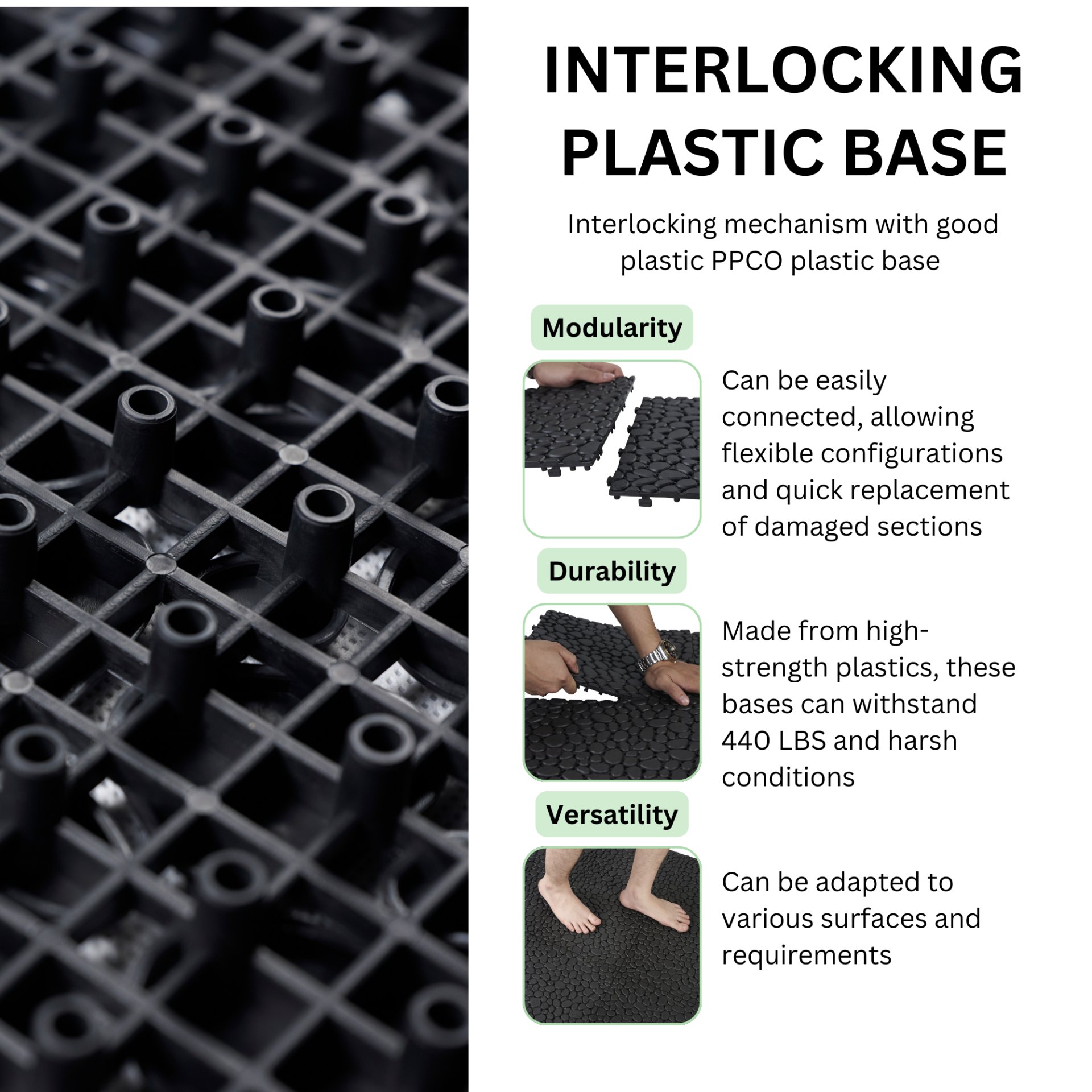 Interlocking Deck Tiles Plastic Waterproof Outdoor All Weather Anti-Slip Bathroom Shower Balcony Porch Strong Weight Capacity Upto 440 Lbs, Pebble Stone Pattern Pack Of 12 - Black - Image 5