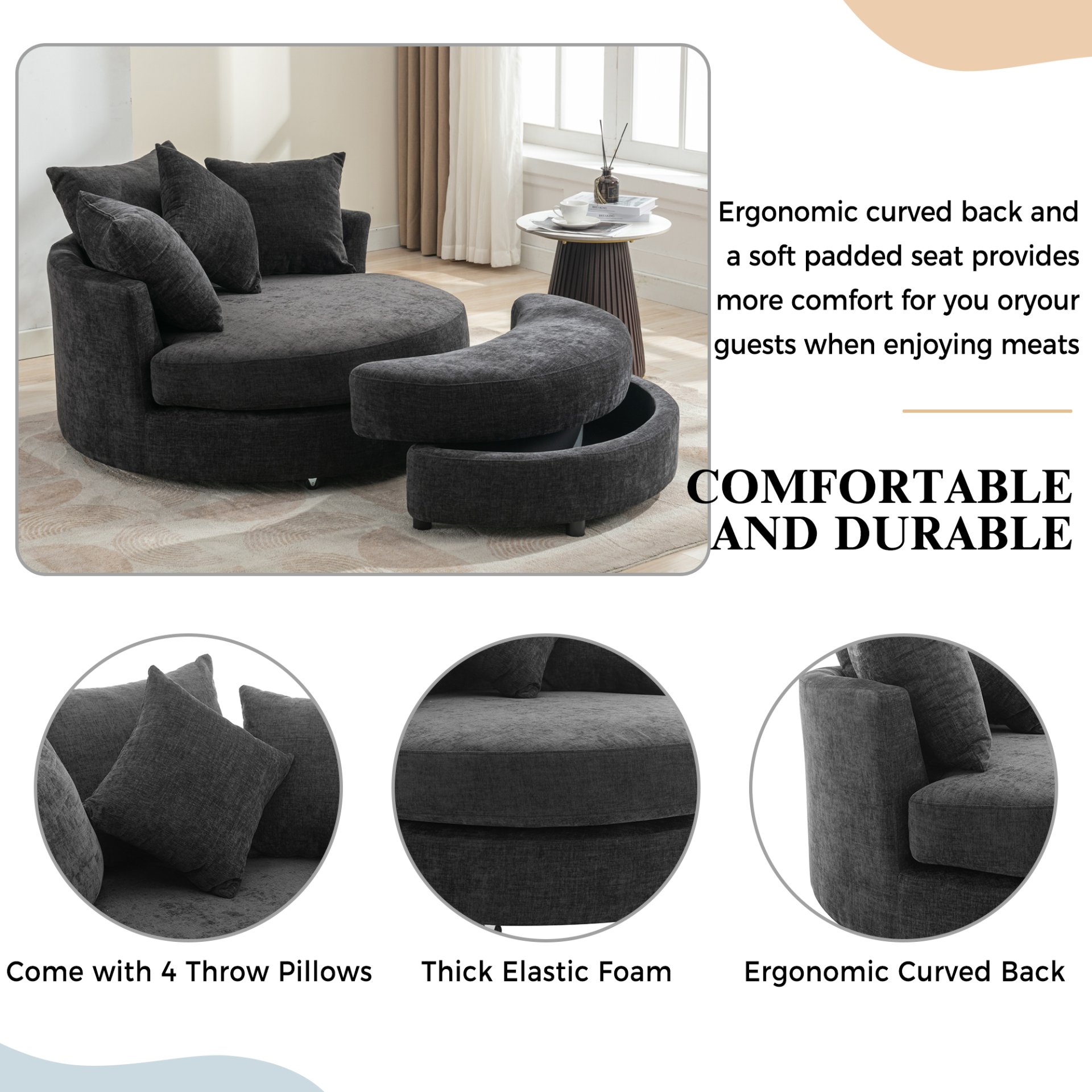 360° Swivel Accent Barrel Chair With Storage Ottoman & 4 Pillows, Modern Chenille Leisure Chair Round Accent For Living Room - Gray - Image 4