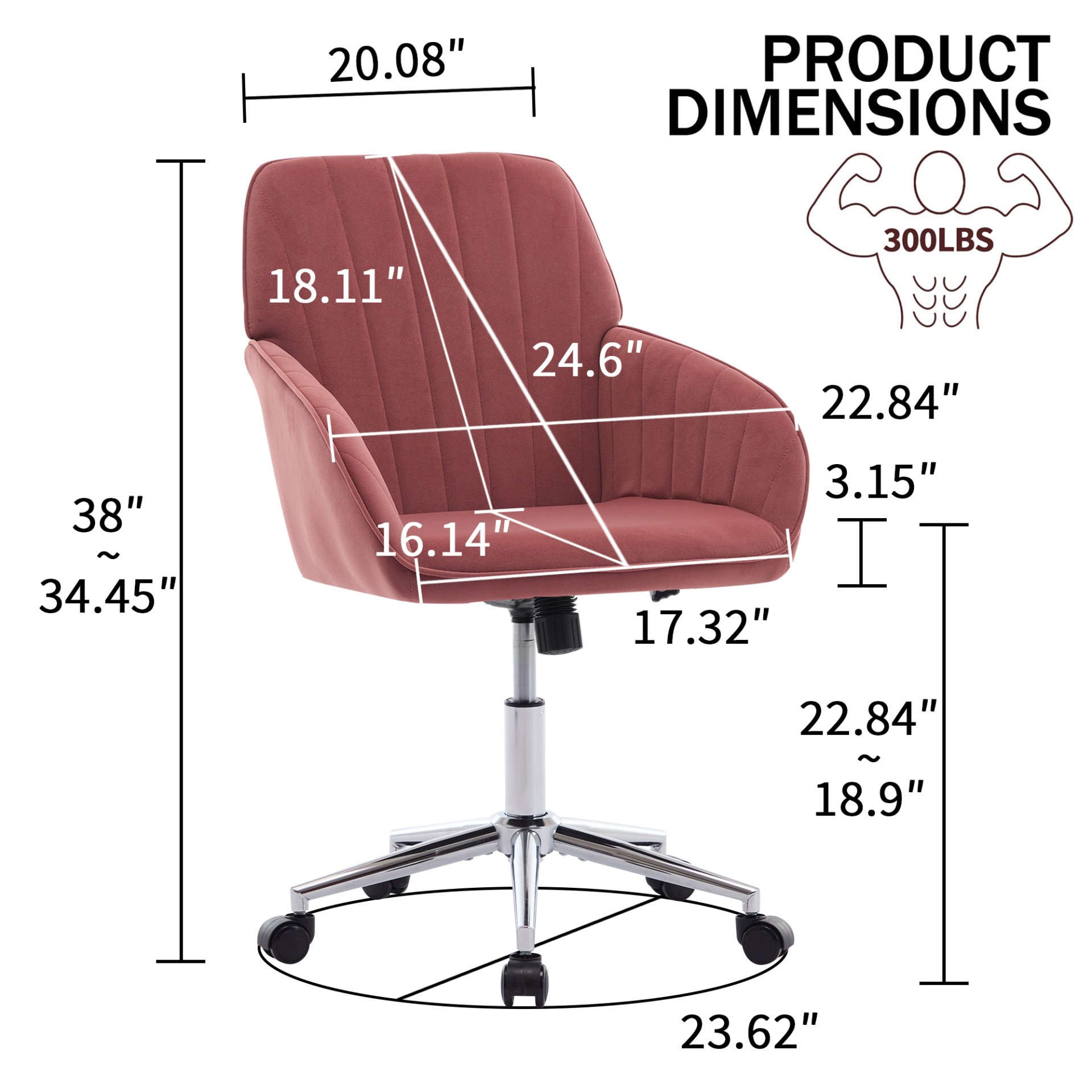Adjustable Office Chair Ergonomic Swivel Chair - Rose Red - Image 3
