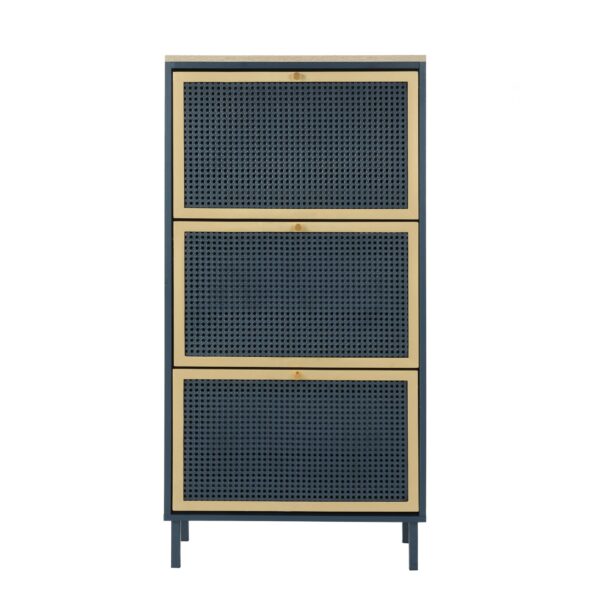 3 Door Metal Shoe Rack, Freestanding Modern Shoe Storage Cabinet With Metal Rattan, Particle Board For Entryway - Blue Gray