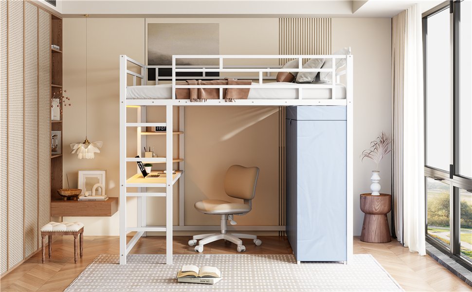 Full Size Loft Bed With Desk, Shelves, Power Outlet, LED Light And Wardrobe - White - Image 24
