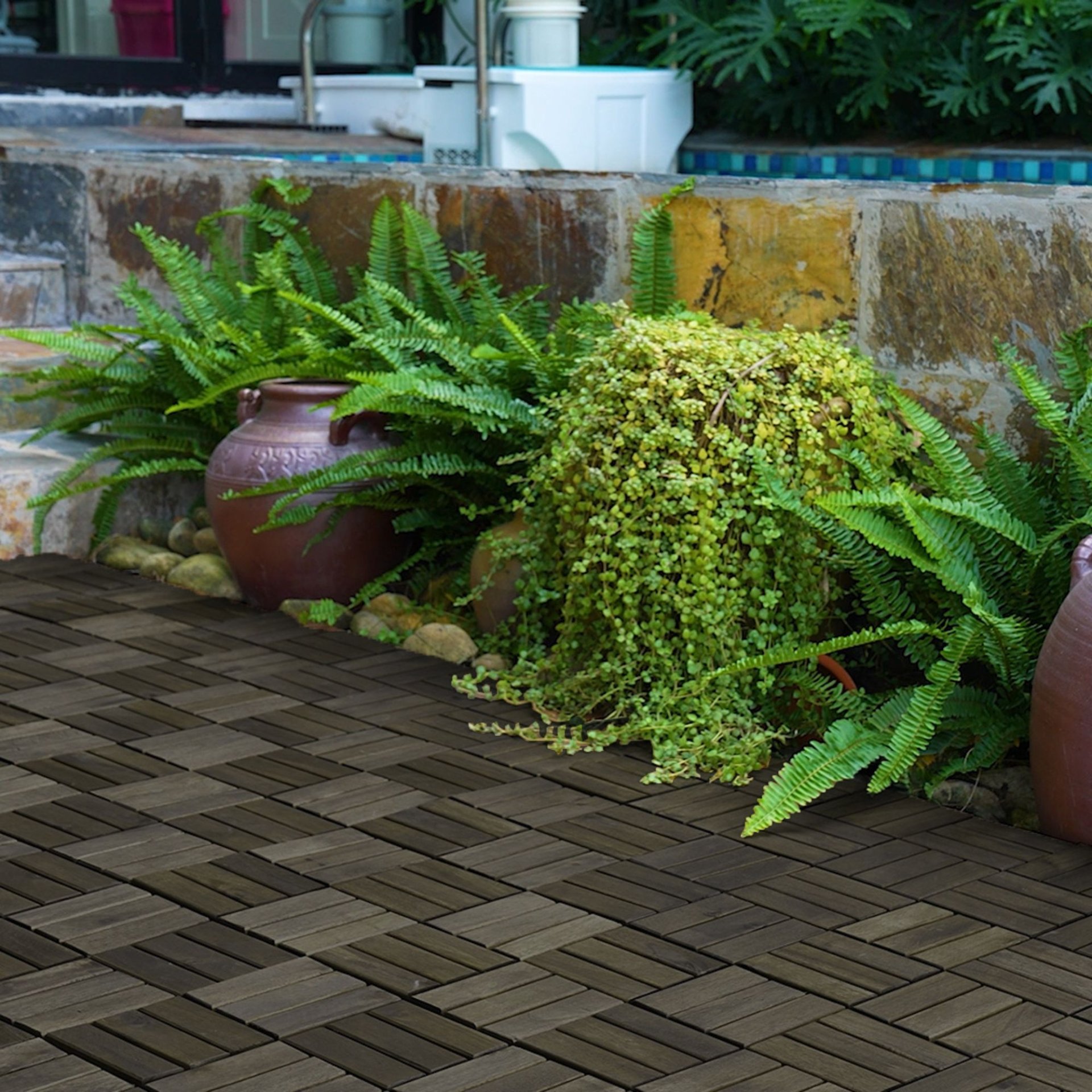 Acacia Wood Interlocking Deck Tiles Checker Pattern Outdoor Flooring - Dark Brown - Image 16